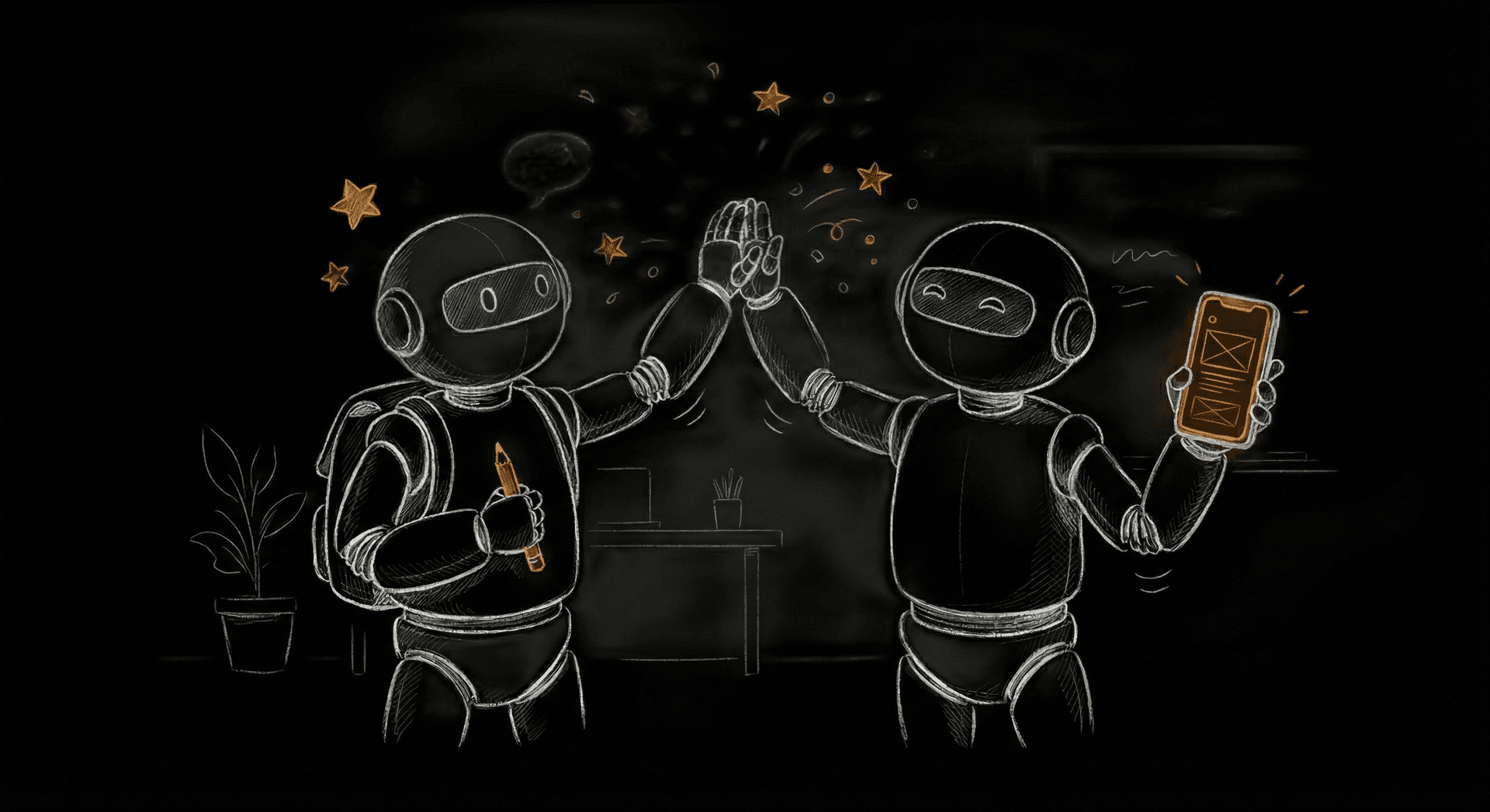 Two robots celebrating a successful design