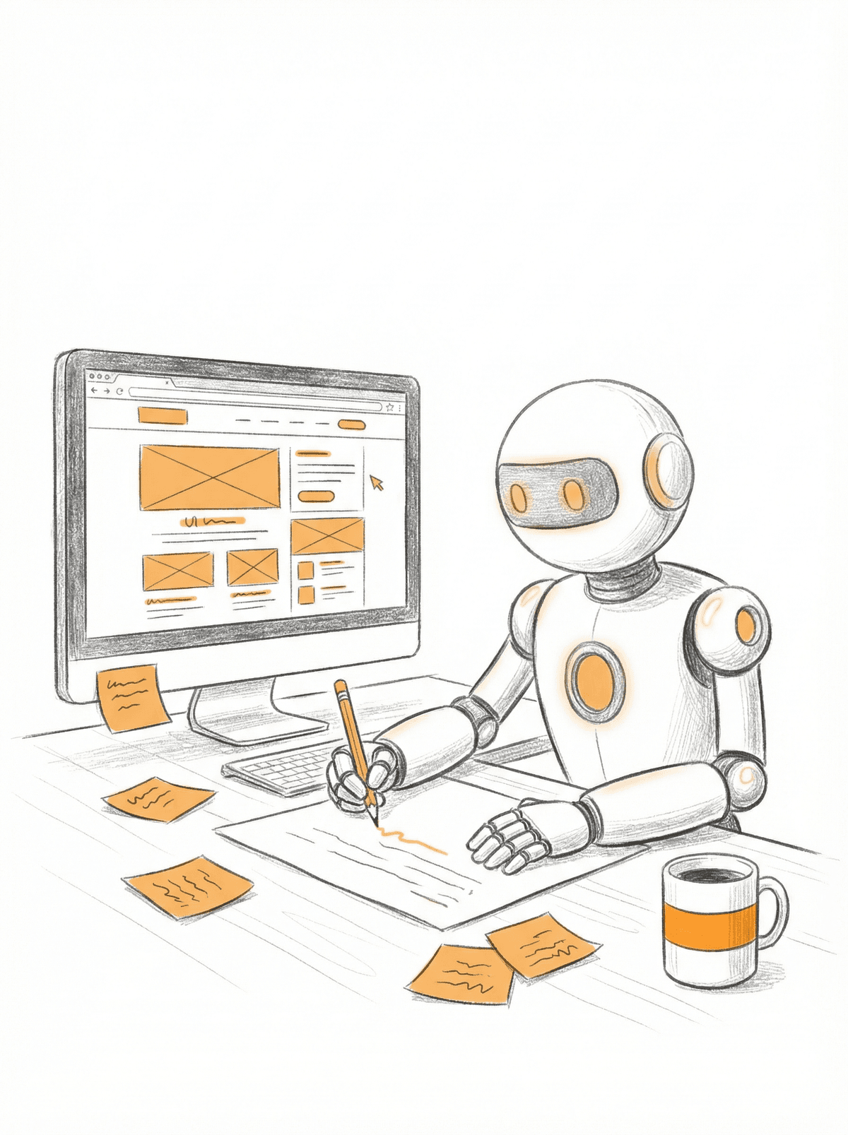 Robot at desk building a UI prototype